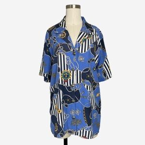 Vintage 90s Kathie Lee Nautical print short sleeve button collard shirt cruise L